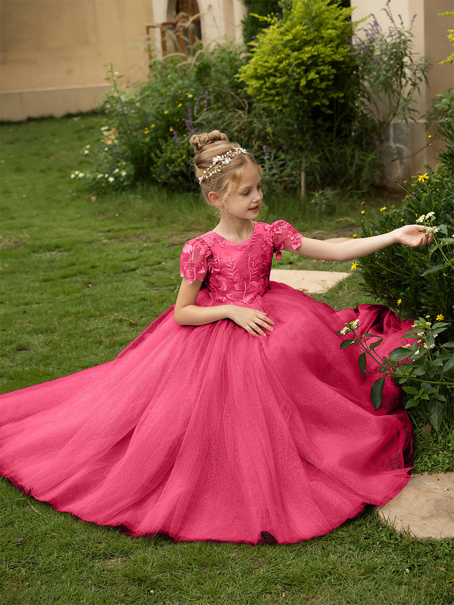 Crew Neck Tulle Flower Girl Dresses with Applique &amp; Satin Bowknot