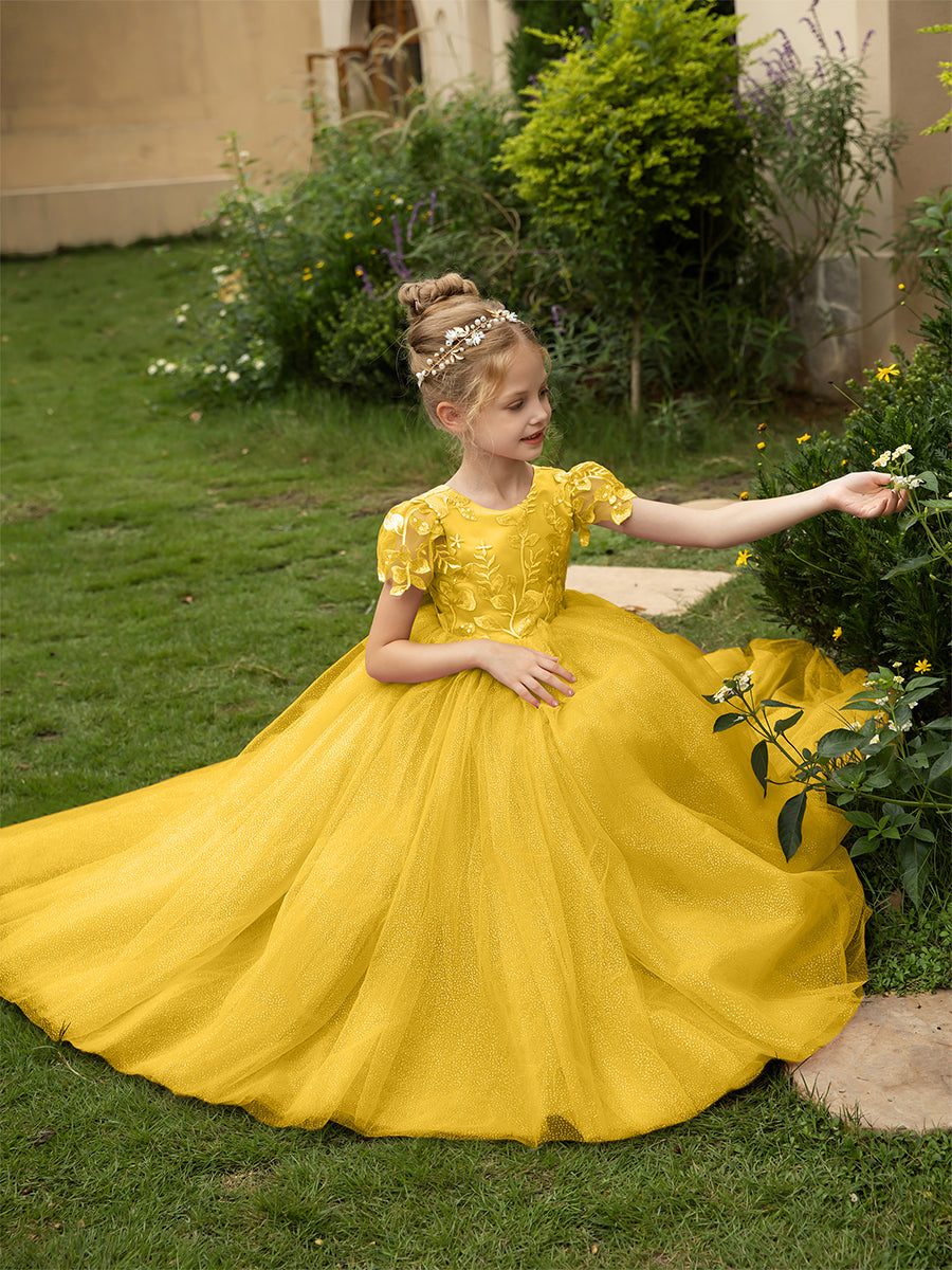 Crew Neck Tulle Flower Girl Dresses with Applique &amp; Satin Bowknot
