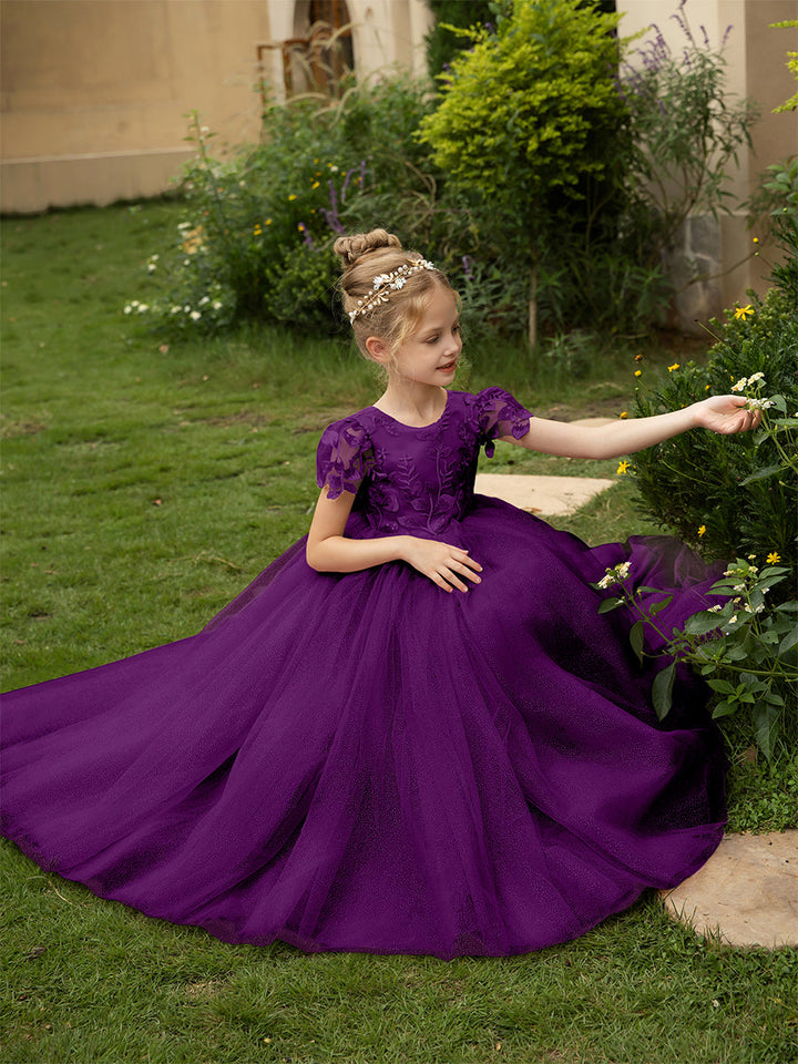 Crew Neck Tulle Flower Girl Dresses with Applique &amp; Satin Bowknot