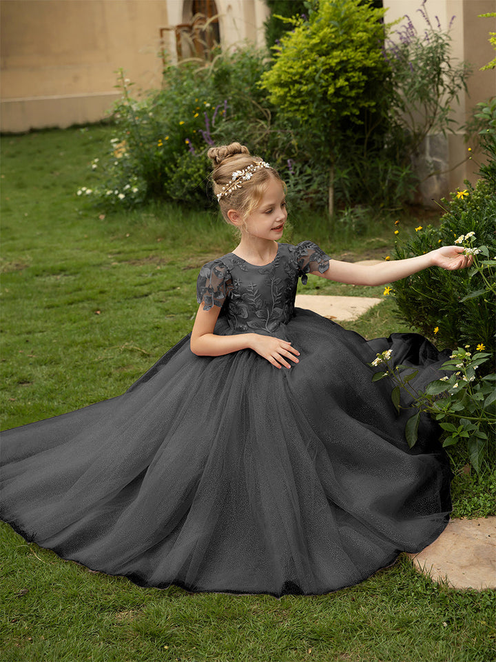 Crew Neck Tulle Flower Girl Dresses with Applique &amp; Satin Bowknot