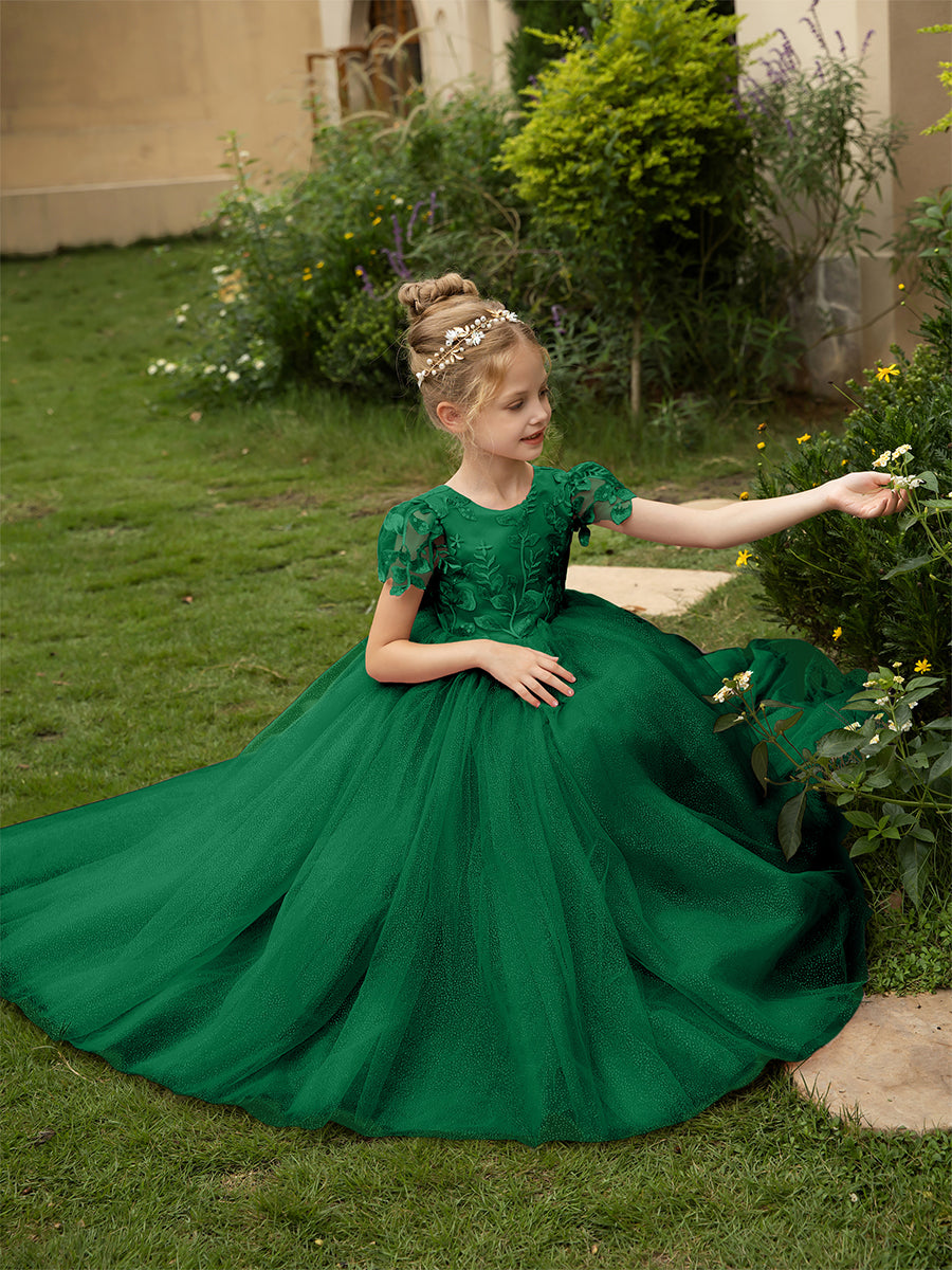 Crew Neck Tulle Flower Girl Dresses with Applique &amp; Satin Bowknot
