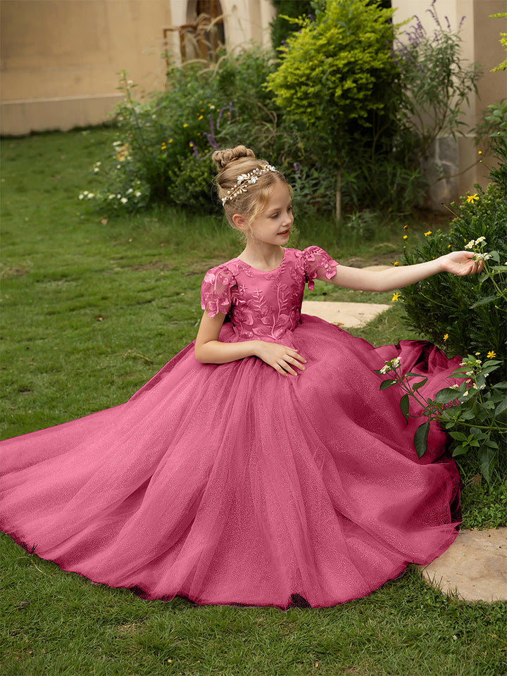 Crew Neck Tulle Flower Girl Dresses with Applique &amp; Satin Bowknot