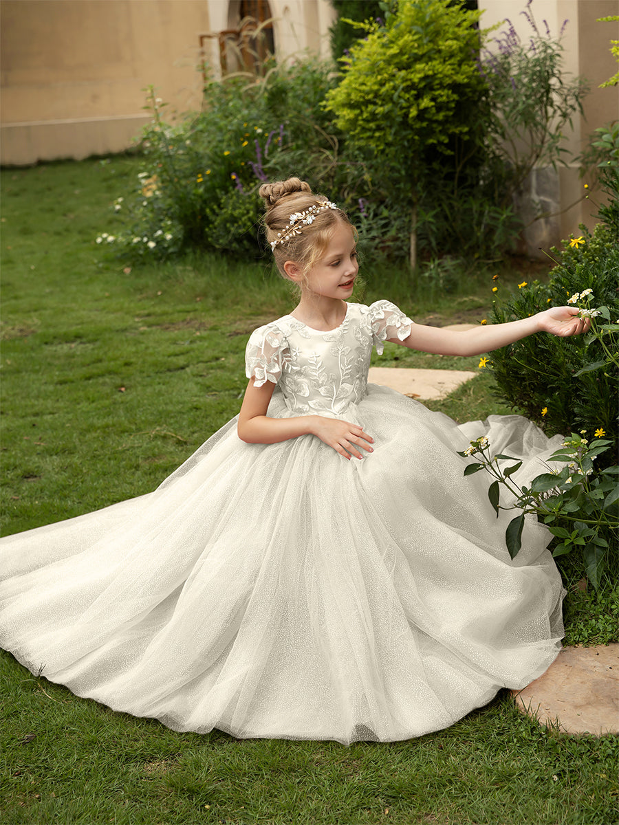 Crew Neck Tulle Flower Girl Dresses with Applique &amp; Satin Bowknot