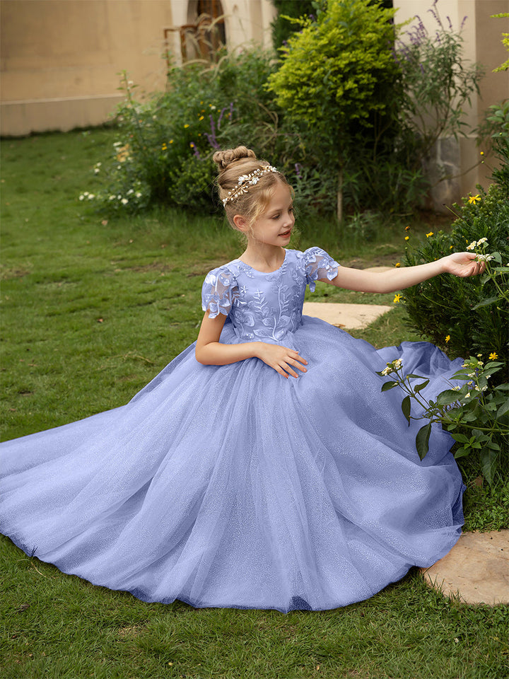 Crew Neck Tulle Flower Girl Dresses with Applique &amp; Satin Bowknot
