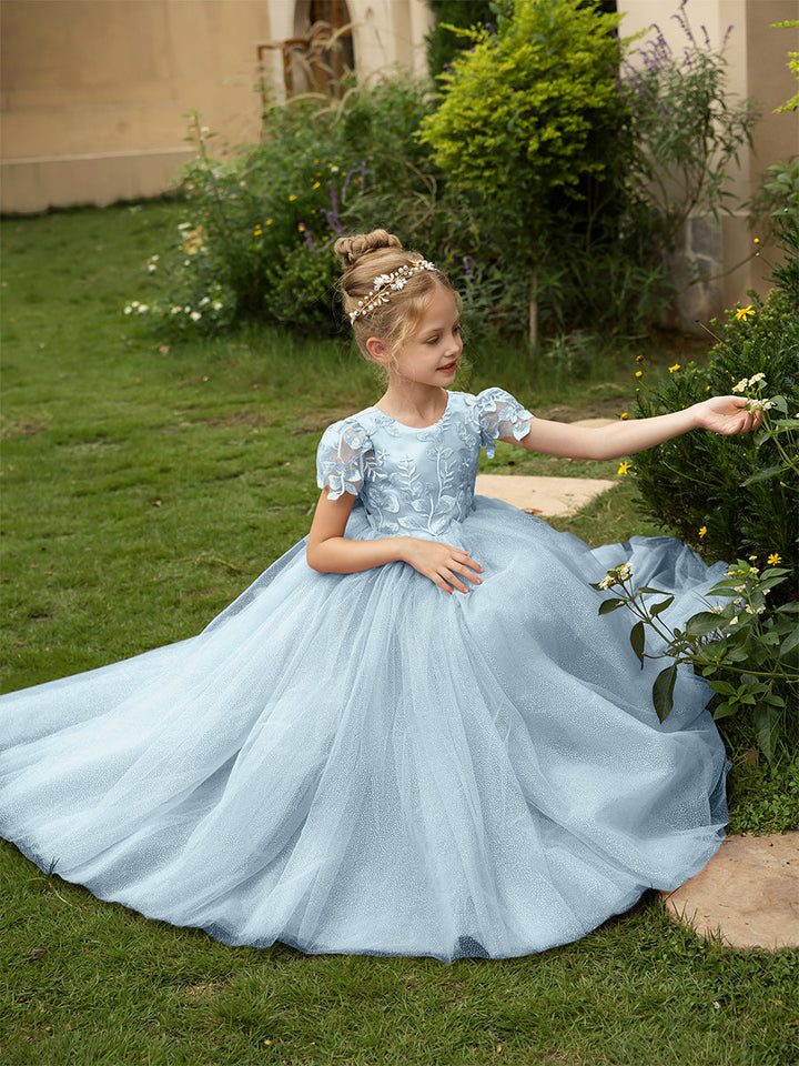 Crew Neck Tulle Flower Girl Dresses with Applique &amp; Satin Bowknot