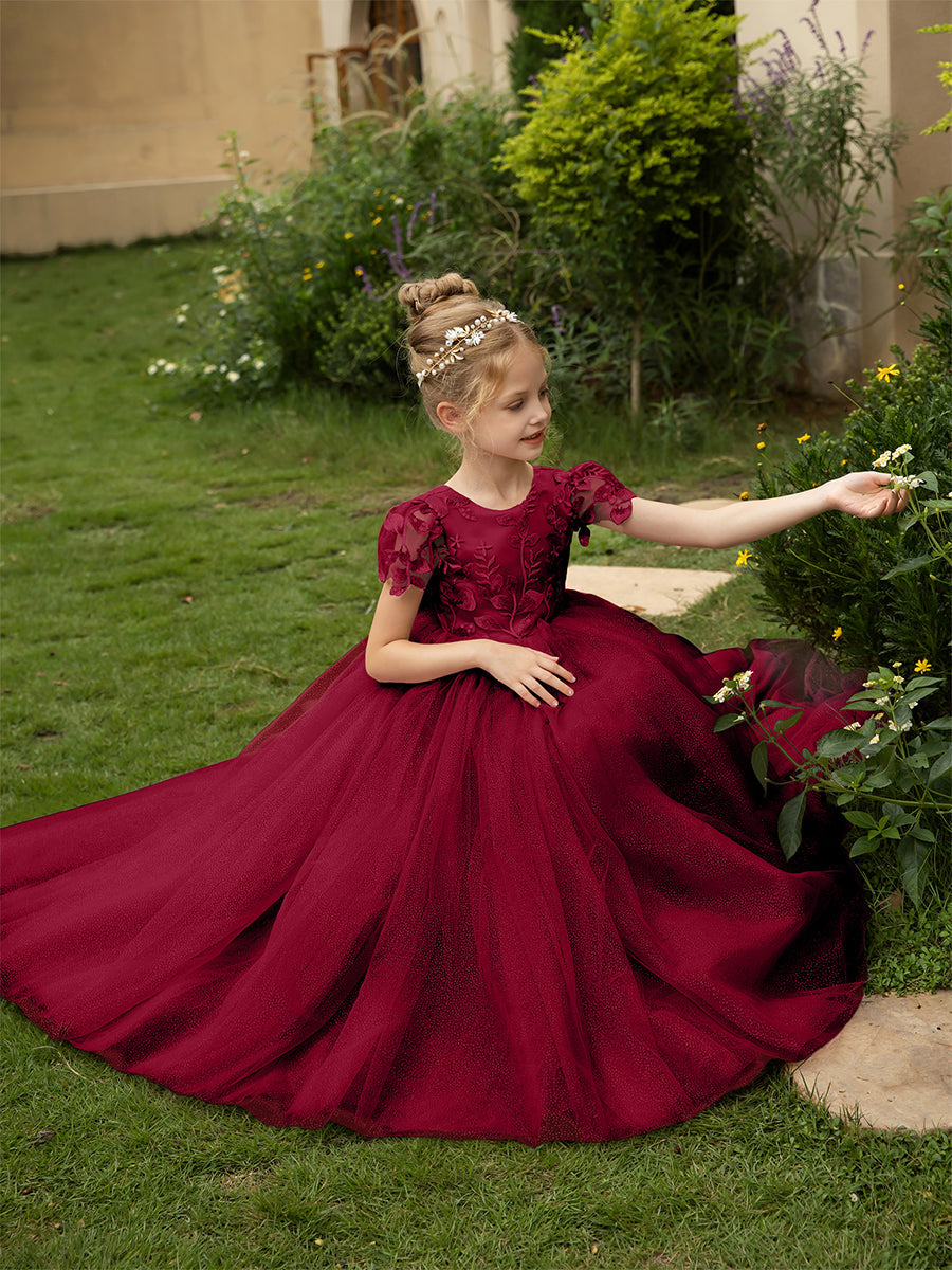 Crew Neck Tulle Flower Girl Dresses with Applique &amp; Satin Bowknot