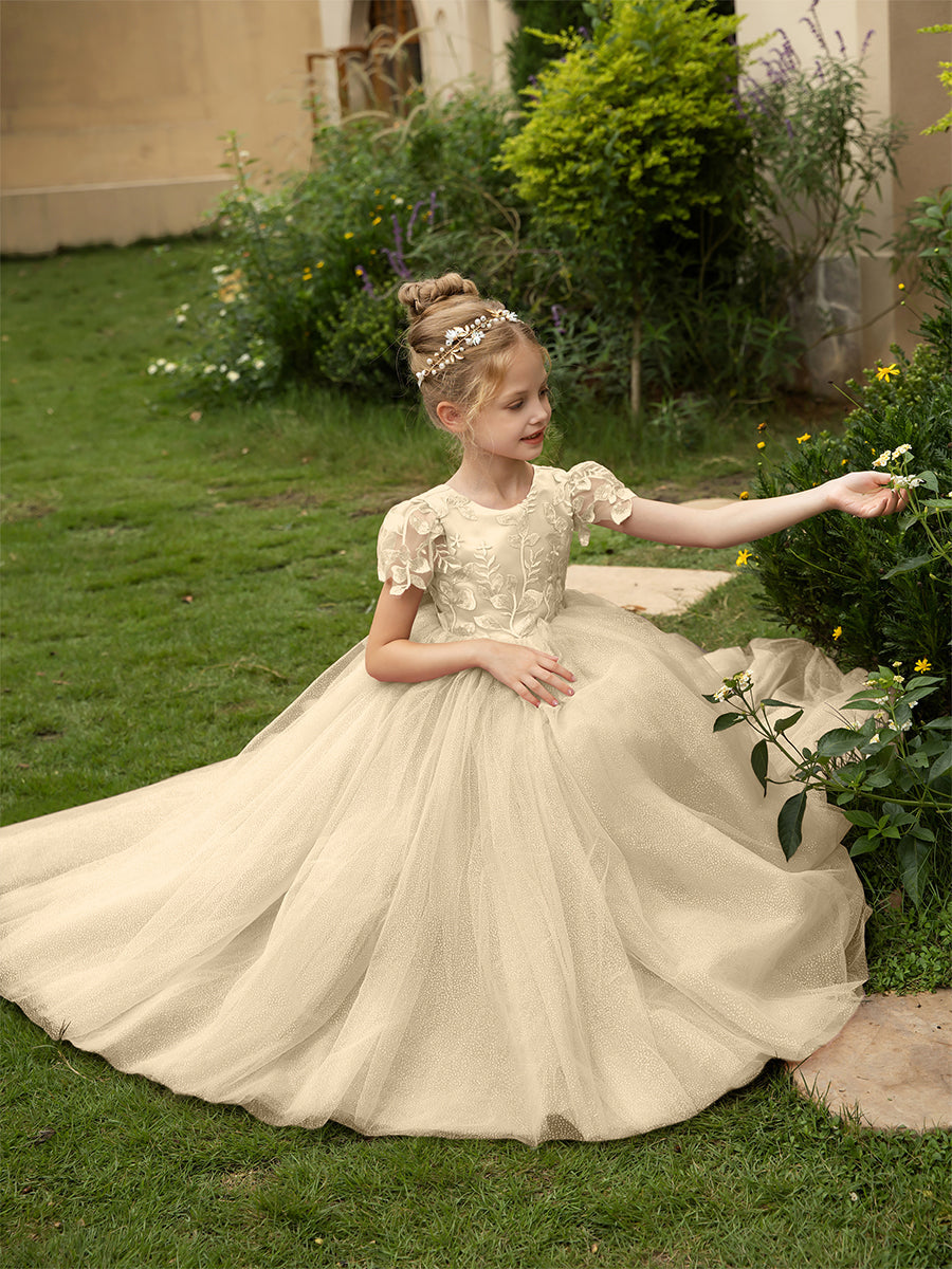 Crew Neck Tulle Flower Girl Dresses with Applique &amp; Satin Bowknot