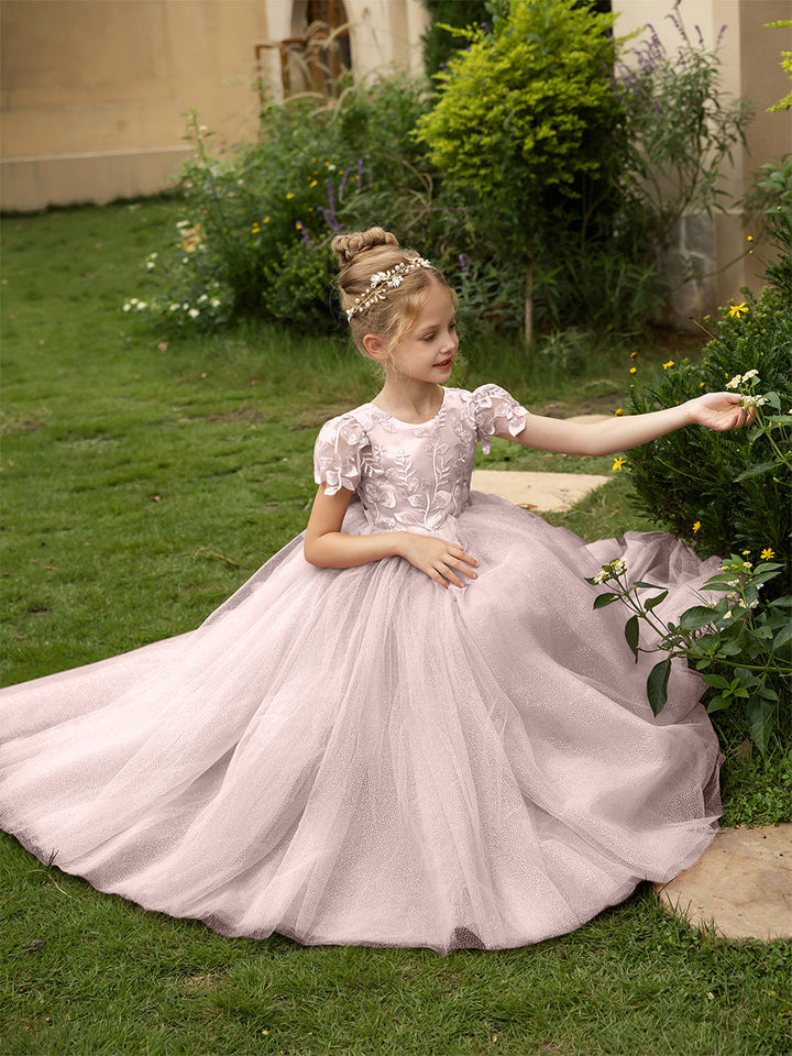 Crew Neck Tulle Flower Girl Dresses with Applique &amp; Satin Bowknot