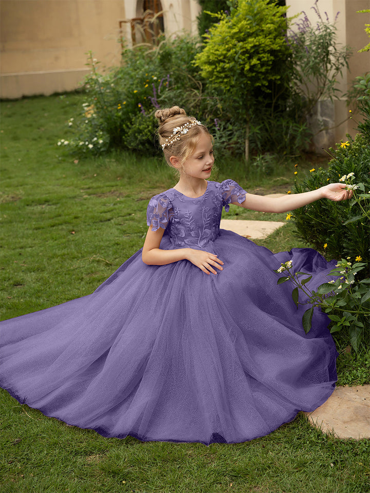 Crew Neck Tulle Flower Girl Dresses with Applique &amp; Satin Bowknot