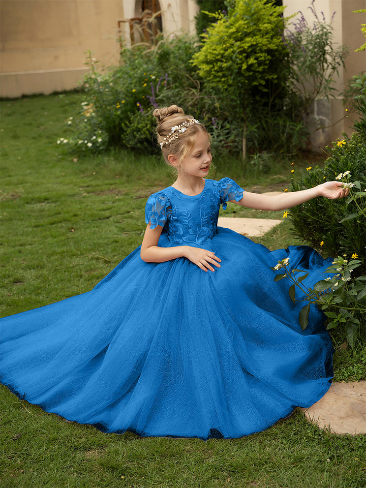 Crew Neck Tulle Flower Girl Dresses with Applique &amp; Satin Bowknot