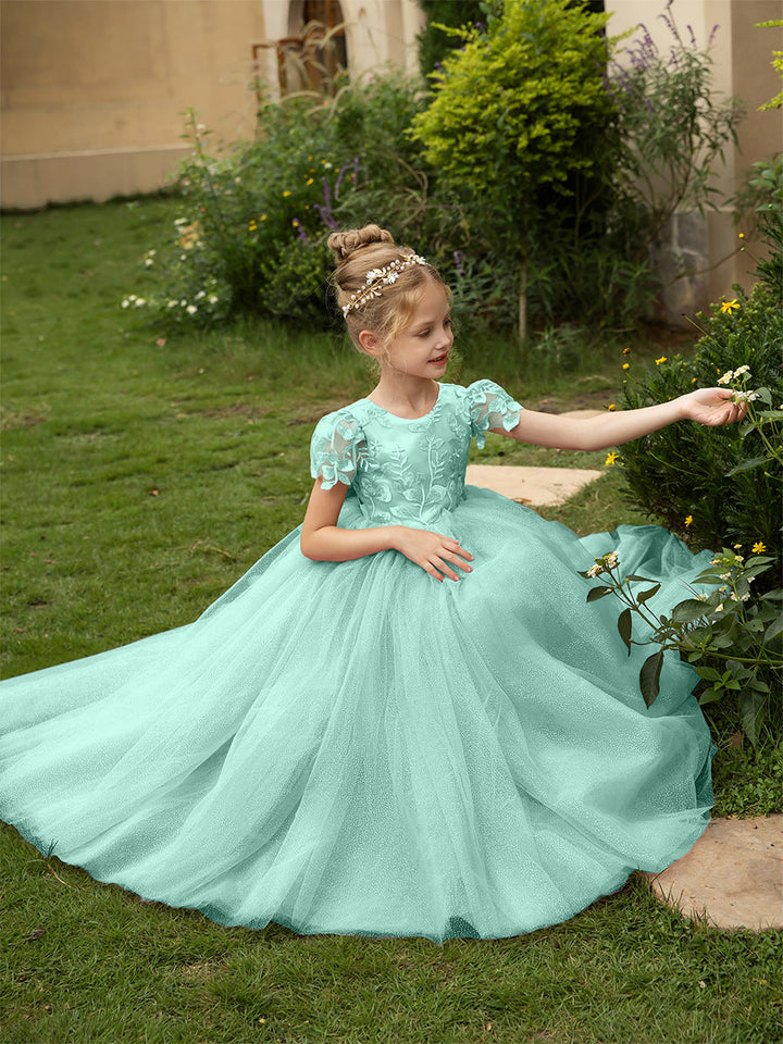 Crew Neck Tulle Flower Girl Dresses with Applique &amp; Satin Bowknot