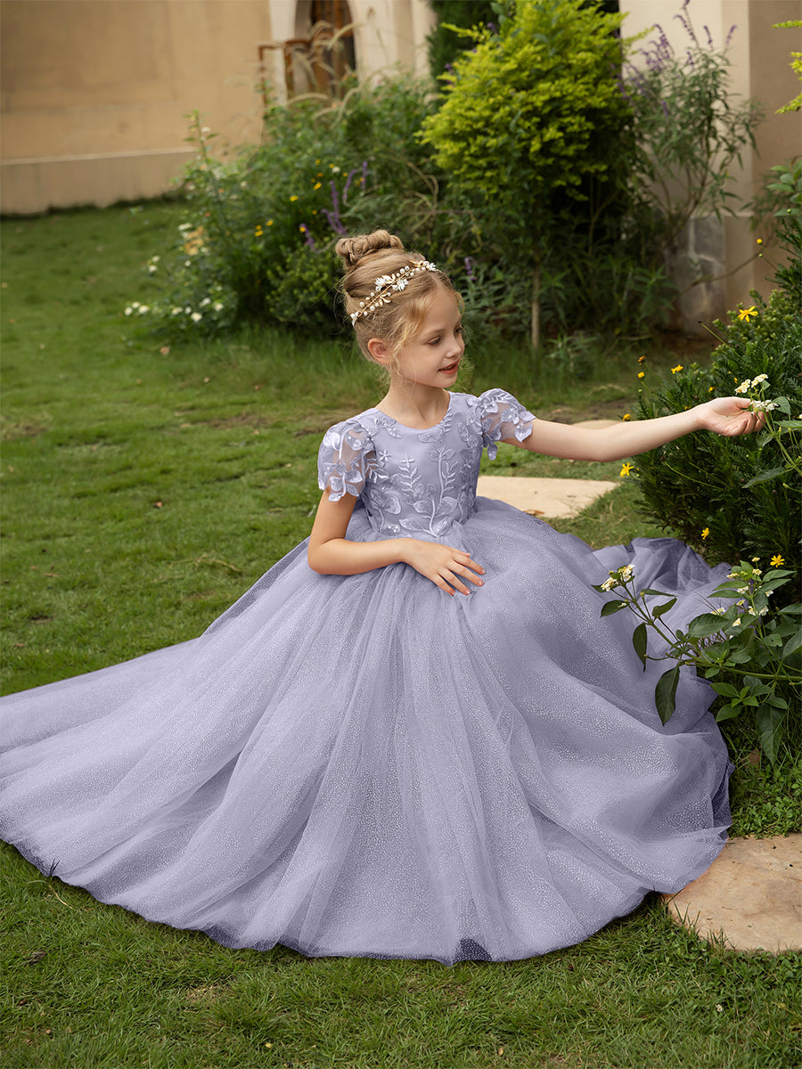 Crew Neck Tulle Flower Girl Dresses with Applique &amp; Satin Bowknot