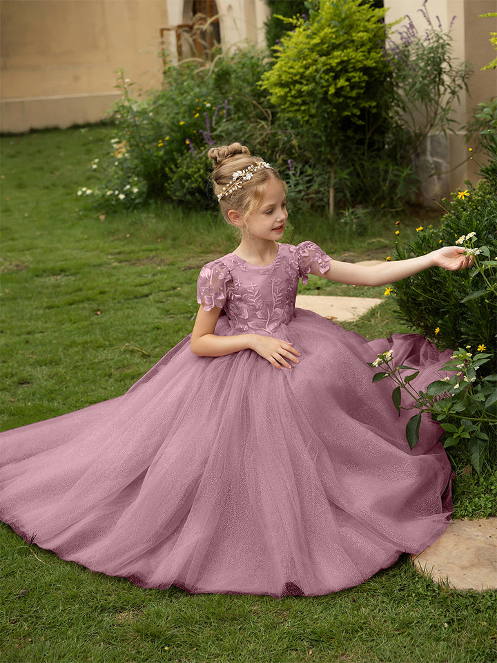 Crew Neck Tulle Flower Girl Dresses with Applique &amp; Satin Bowknot