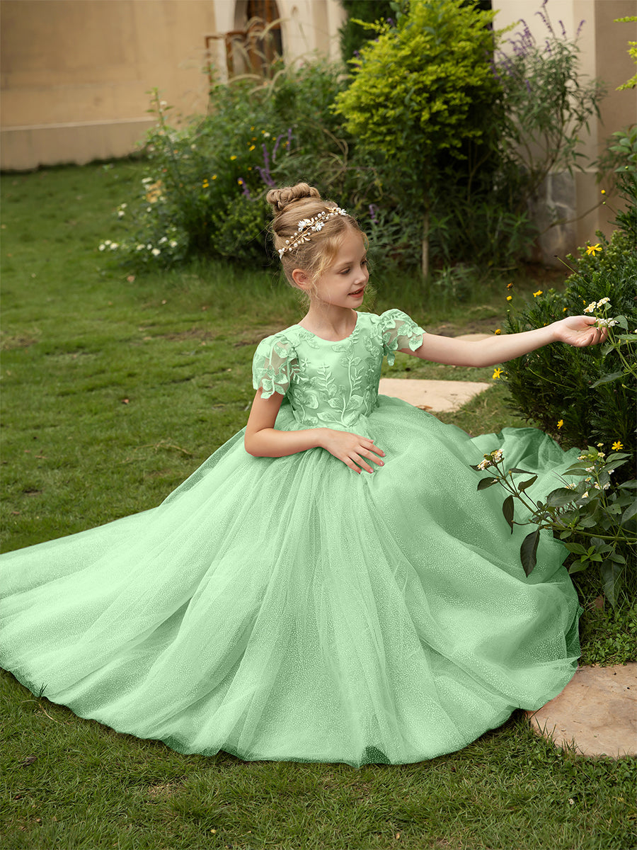 Crew Neck Tulle Flower Girl Dresses with Applique &amp; Satin Bowknot