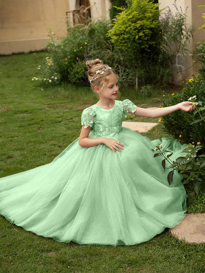 Crew Neck Tulle Flower Girl Dresses with Applique &amp; Satin Bowknot