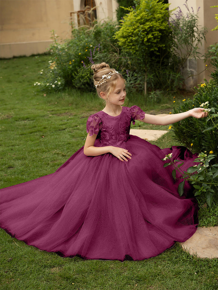 Crew Neck Tulle Flower Girl Dresses with Applique &amp; Satin Bowknot