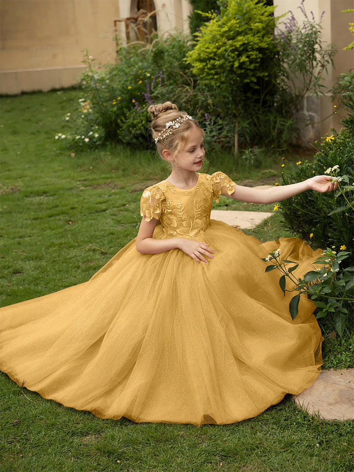 Crew Neck Tulle Flower Girl Dresses with Applique &amp; Satin Bowknot