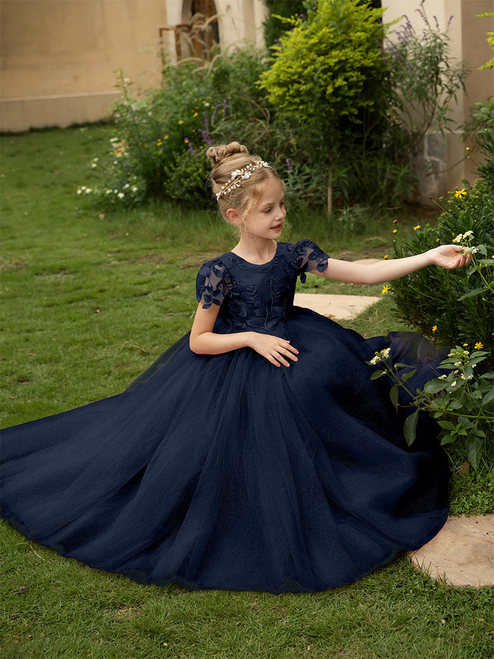Crew Neck Tulle Flower Girl Dresses with Applique &amp; Satin Bowknot