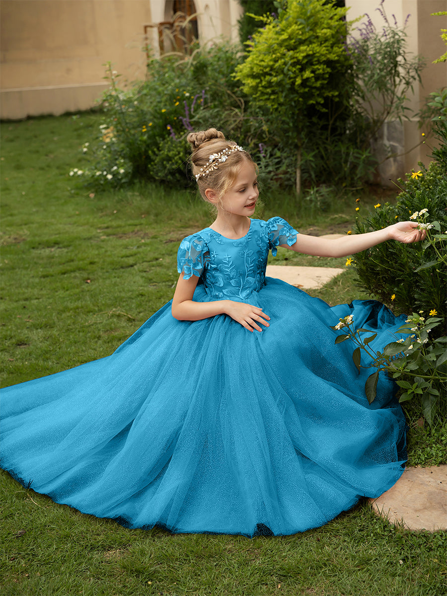 Crew Neck Tulle Flower Girl Dresses with Applique &amp; Satin Bowknot