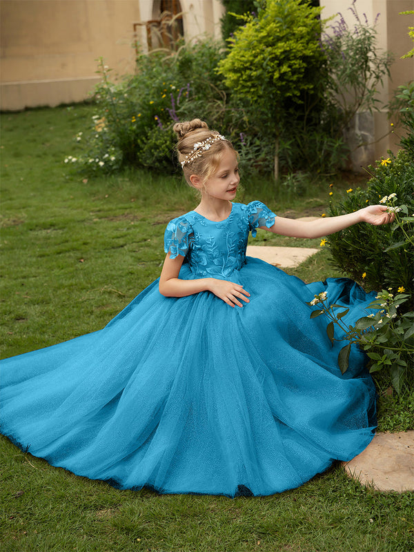 Crew Neck Tulle Flower Girl Dresses with Applique & Satin Bowknot