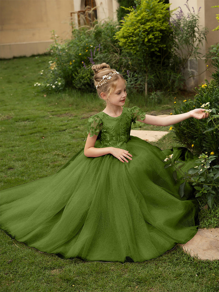 Crew Neck Tulle Flower Girl Dresses with Applique &amp; Satin Bowknot
