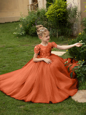 Crew Neck Tulle Flower Girl Dresses with Applique & Satin Bowknot