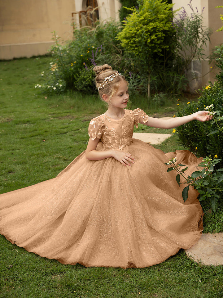 Crew Neck Tulle Flower Girl Dresses with Applique &amp; Satin Bowknot