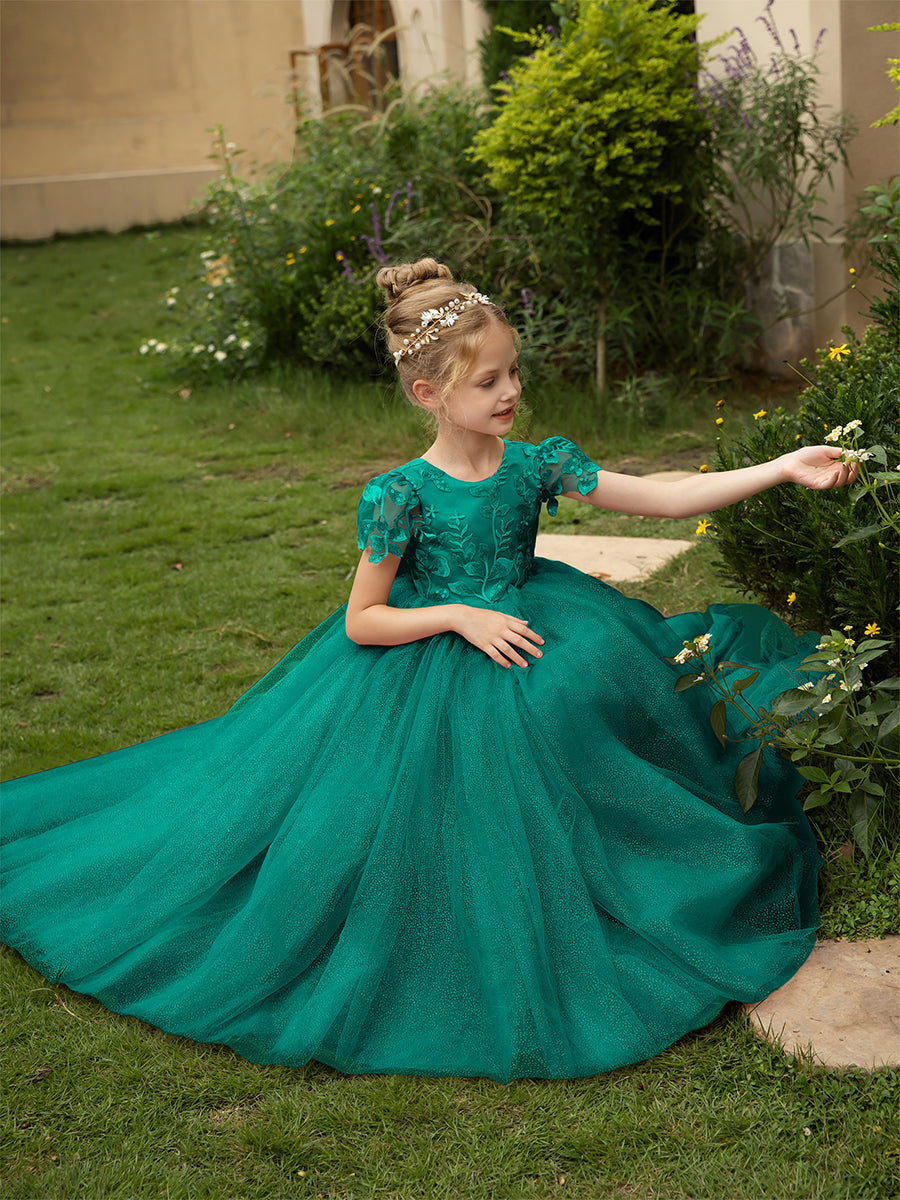 Crew Neck Tulle Flower Girl Dresses with Applique &amp; Satin Bowknot