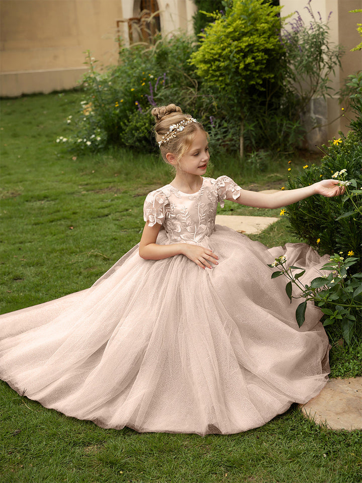 Crew Neck Tulle Flower Girl Dresses with Applique &amp; Satin Bowknot