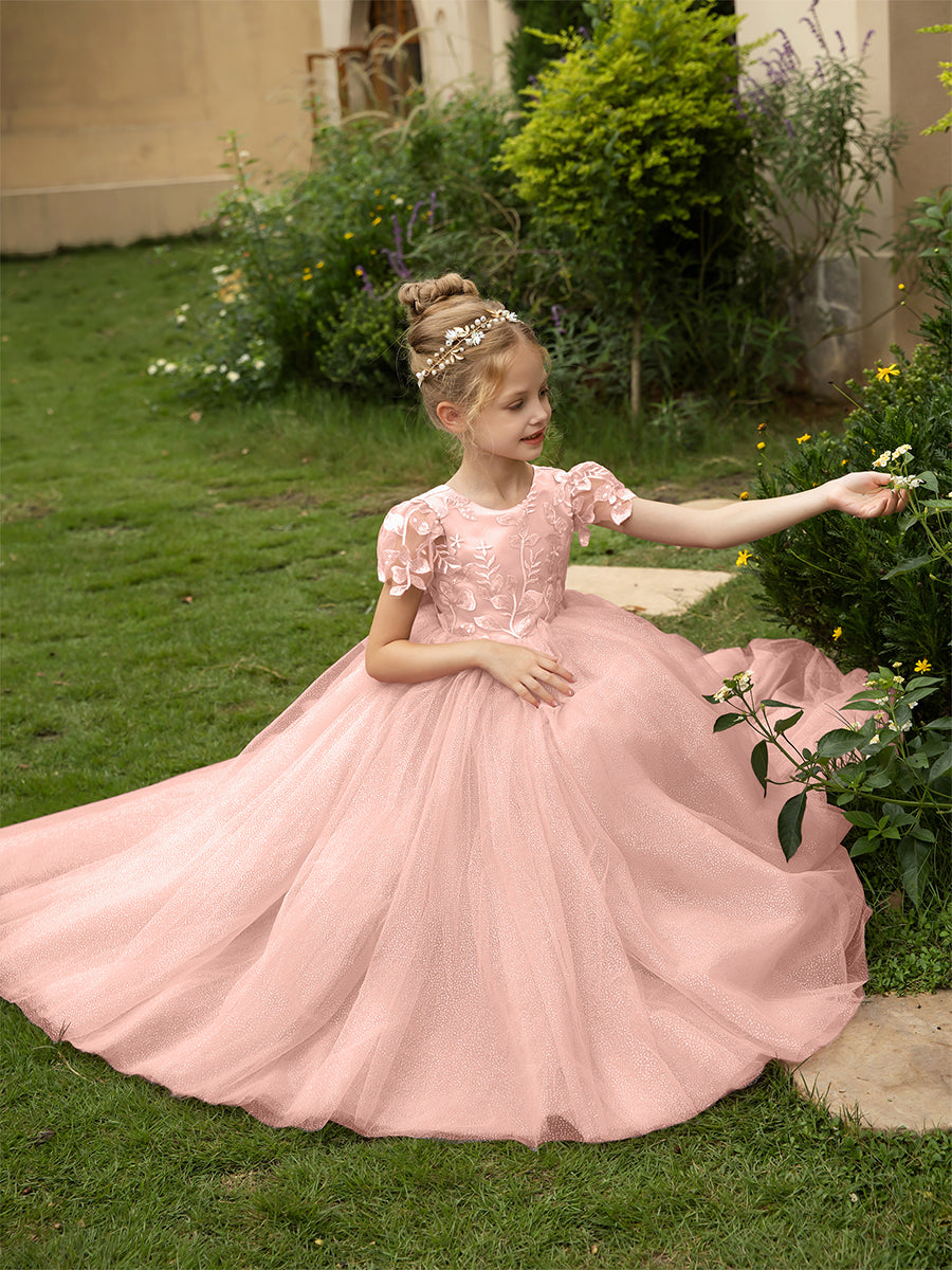 Crew Neck Tulle Flower Girl Dresses with Applique &amp; Satin Bowknot