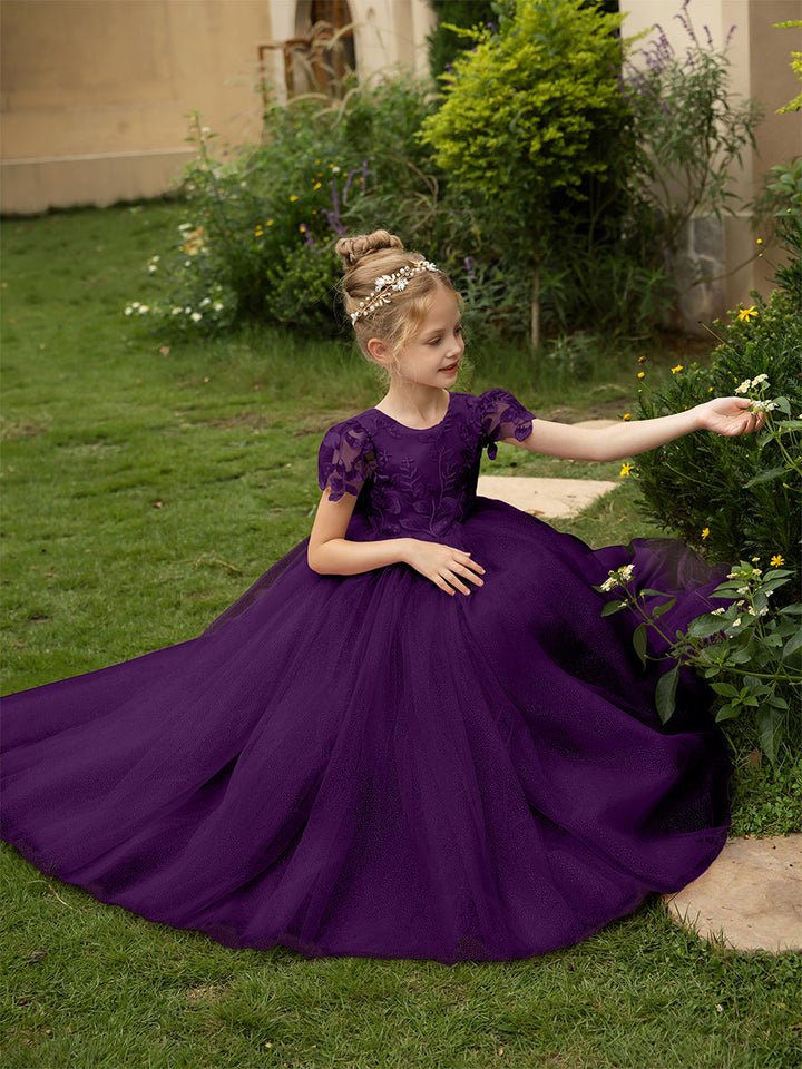 Crew Neck Tulle Flower Girl Dresses with Applique &amp; Satin Bowknot