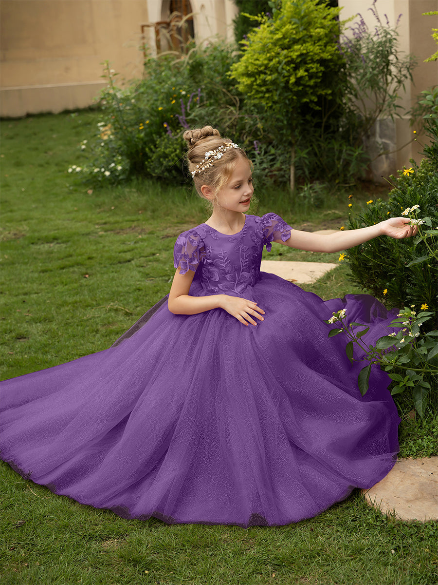 Crew Neck Tulle Flower Girl Dresses with Applique &amp; Satin Bowknot