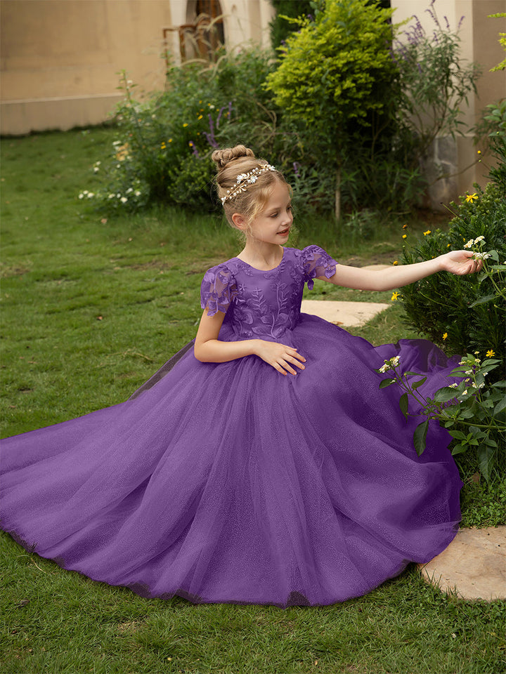 Crew Neck Tulle Flower Girl Dresses with Applique &amp; Satin Bowknot