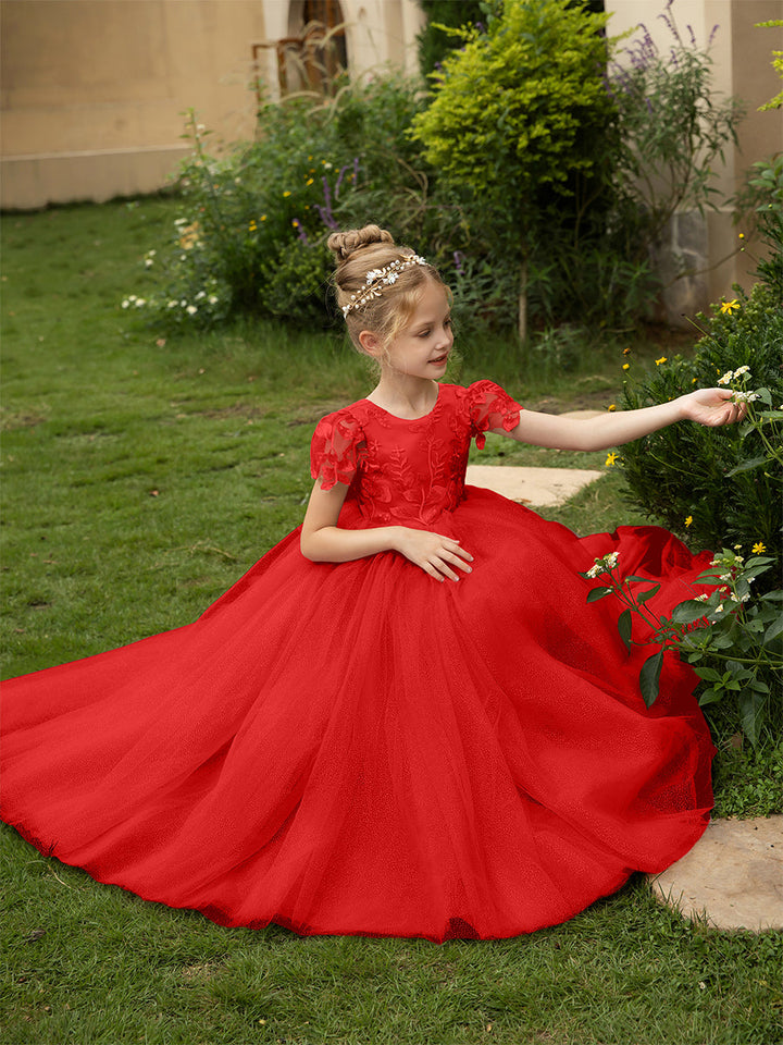 Crew Neck Tulle Flower Girl Dresses with Applique &amp; Satin Bowknot