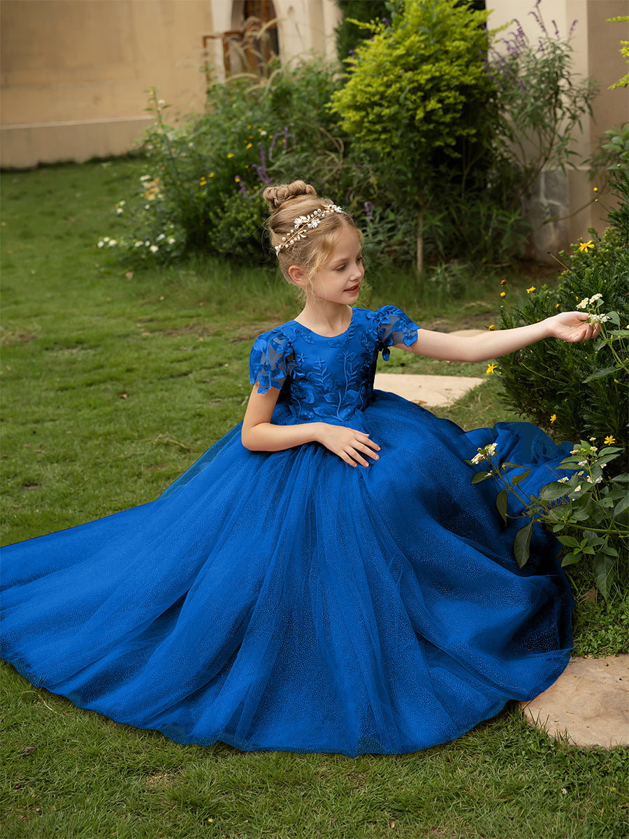 Crew Neck Tulle Flower Girl Dresses with Applique &amp; Satin Bowknot