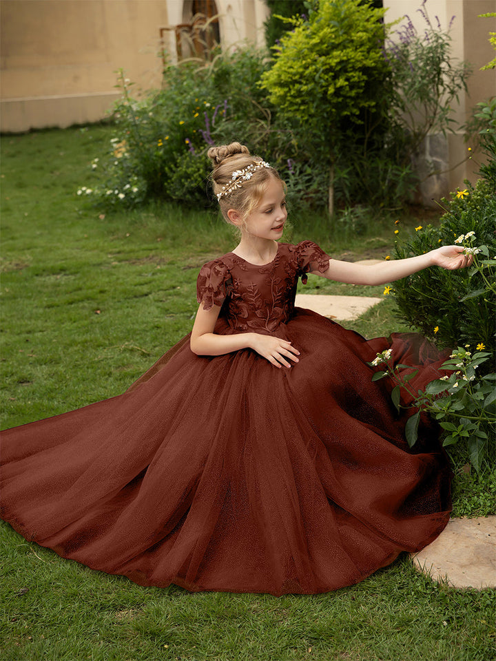Crew Neck Tulle Flower Girl Dresses with Applique &amp; Satin Bowknot