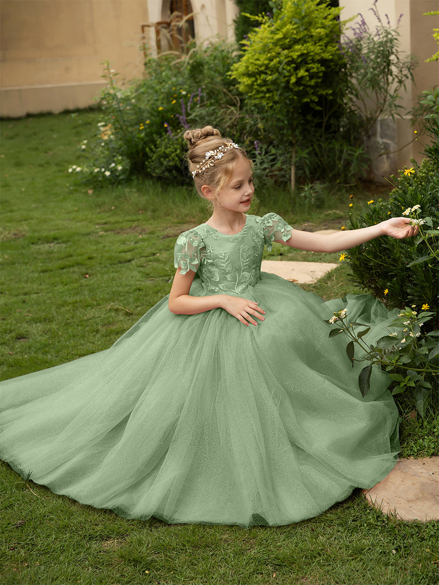 Crew Neck Tulle Flower Girl Dresses with Applique &amp; Satin Bowknot