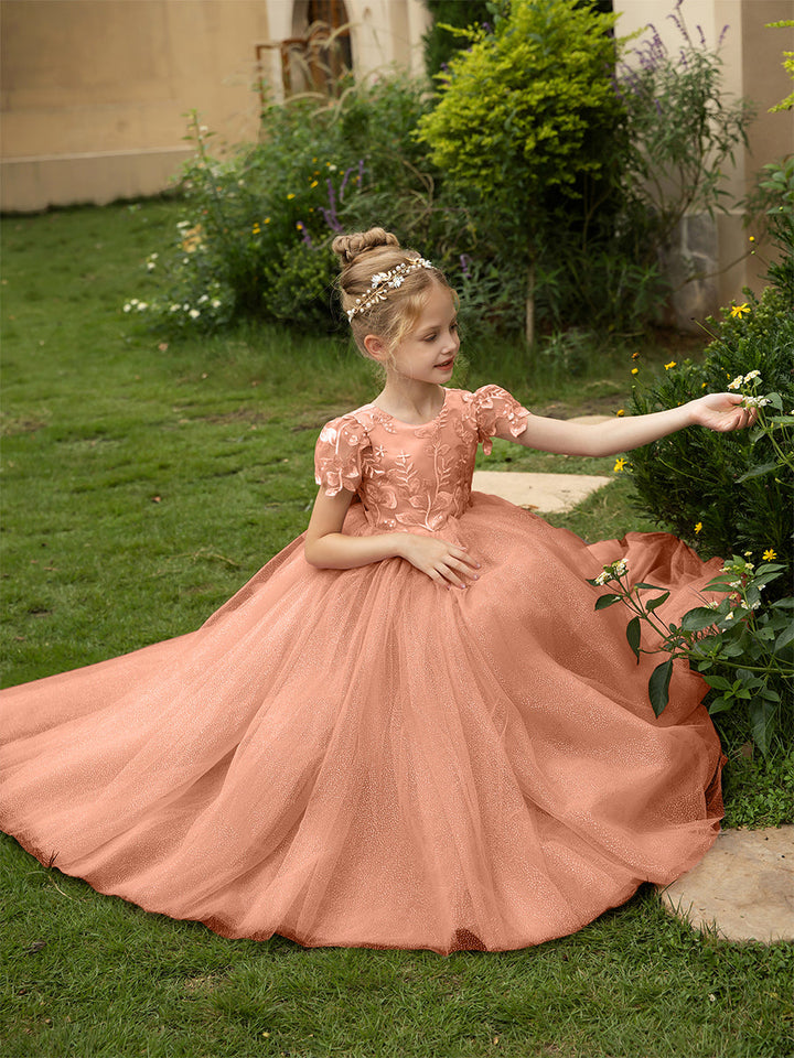 Crew Neck Tulle Flower Girl Dresses with Applique &amp; Satin Bowknot