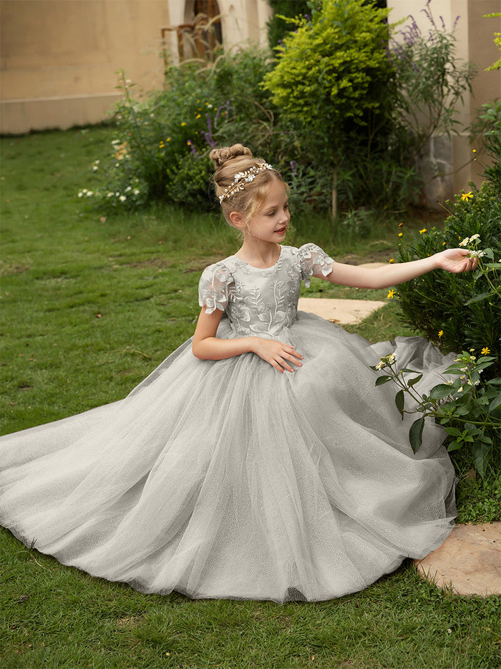 Crew Neck Tulle Flower Girl Dresses with Applique &amp; Satin Bowknot