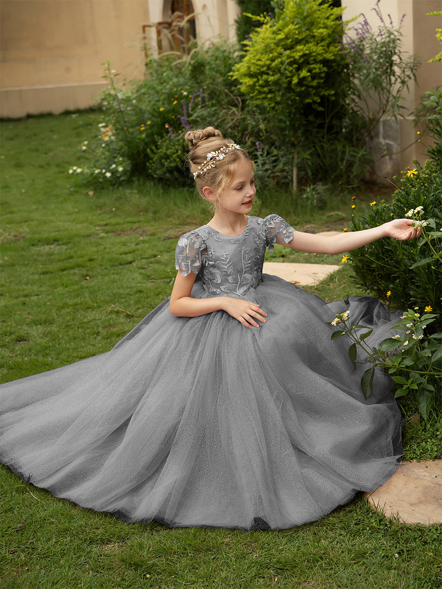 Crew Neck Tulle Flower Girl Dresses with Applique &amp; Satin Bowknot