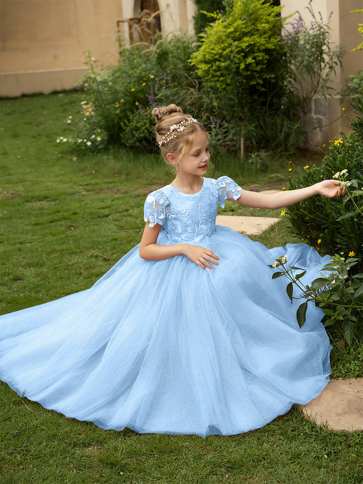 Crew Neck Tulle Flower Girl Dresses with Applique &amp; Satin Bowknot