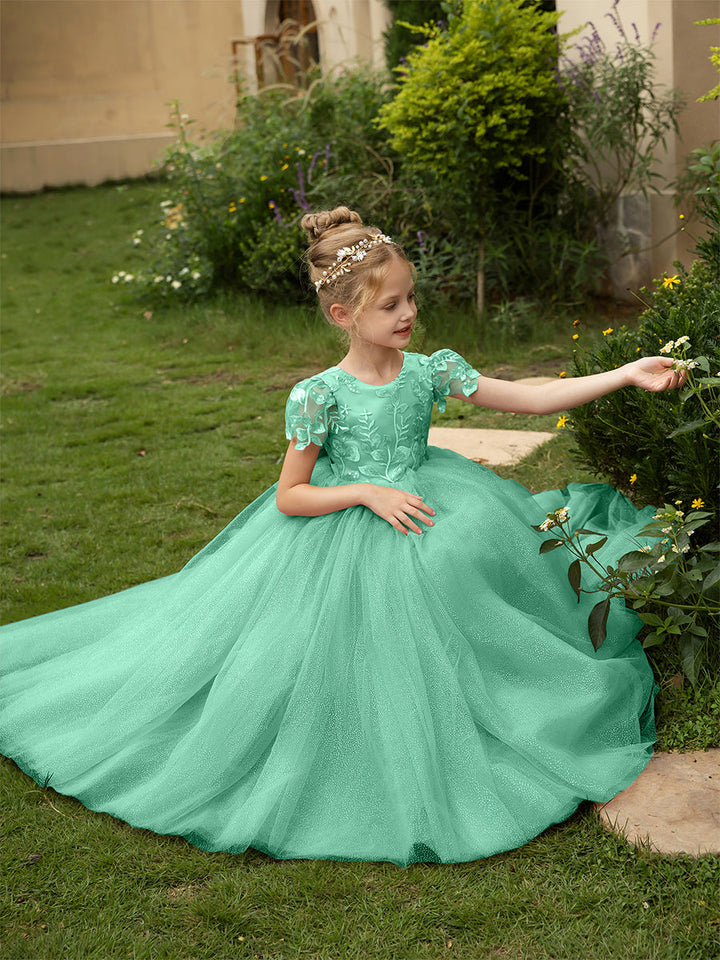 Crew Neck Tulle Flower Girl Dresses with Applique &amp; Satin Bowknot