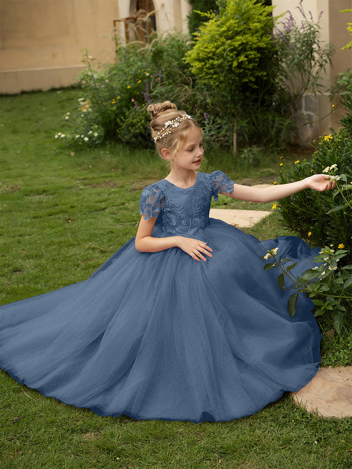Crew Neck Tulle Flower Girl Dresses with Applique &amp; Satin Bowknot