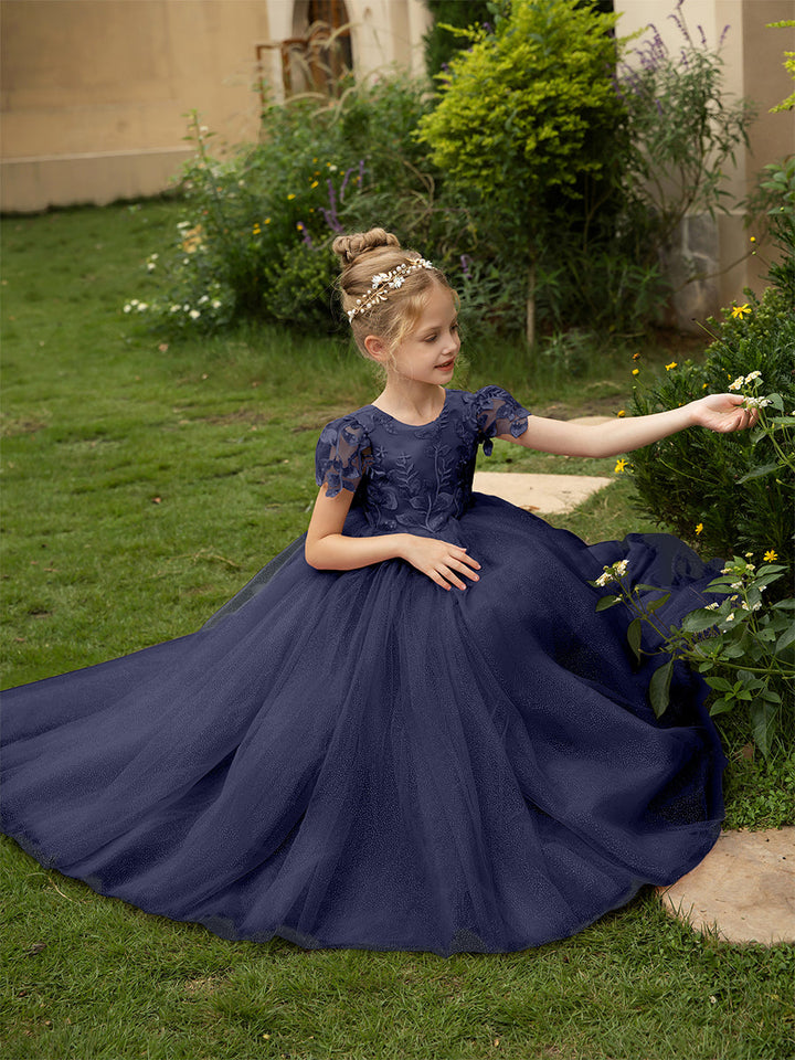 Crew Neck Tulle Flower Girl Dresses with Applique &amp; Satin Bowknot