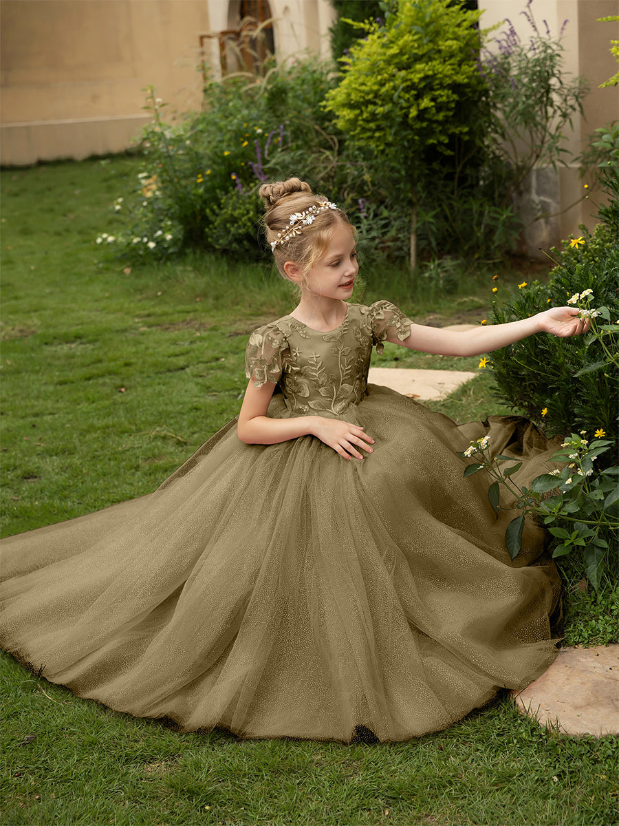 Crew Neck Tulle Flower Girl Dresses with Applique &amp; Satin Bowknot