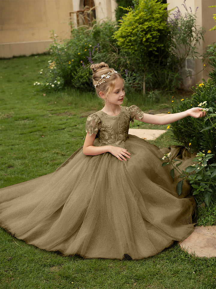 Crew Neck Tulle Flower Girl Dresses with Applique &amp; Satin Bowknot