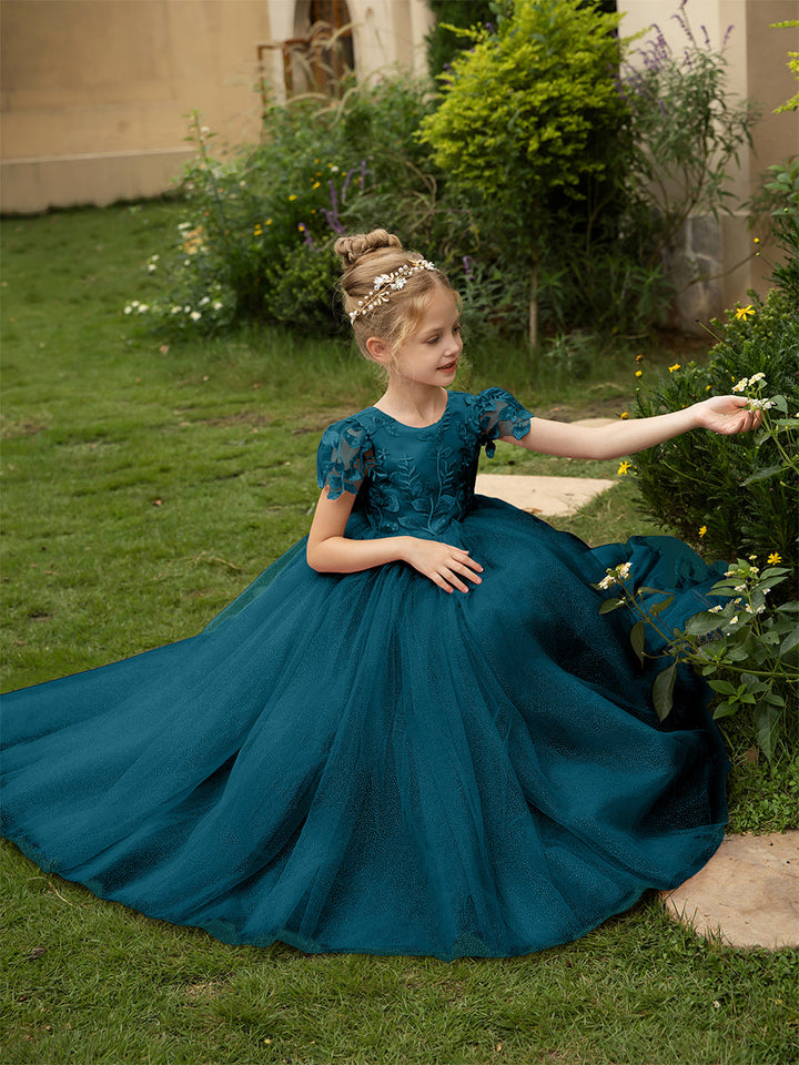 Crew Neck Tulle Flower Girl Dresses with Applique &amp; Satin Bowknot
