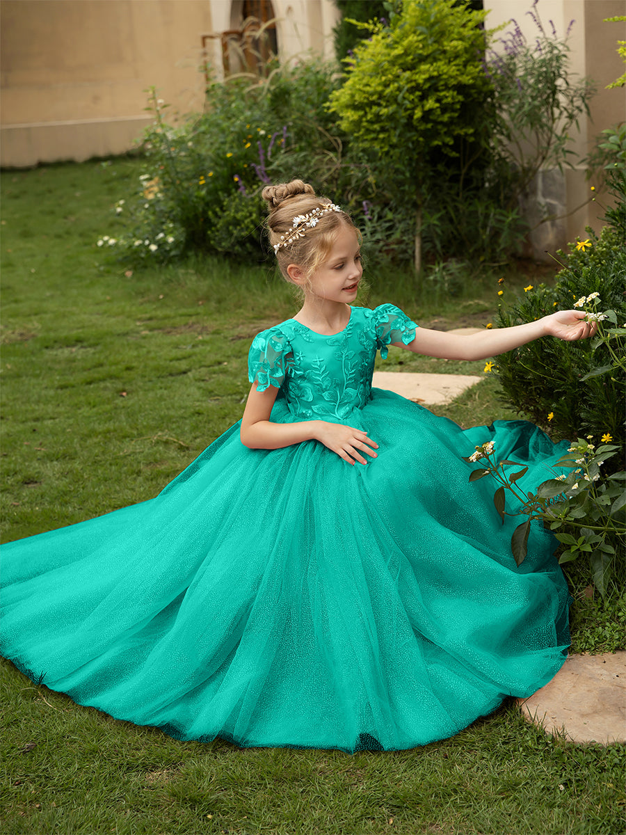 Crew Neck Tulle Flower Girl Dresses with Applique &amp; Satin Bowknot