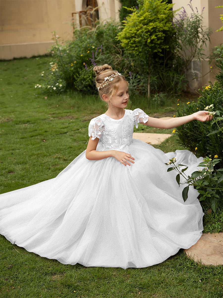 Crew Neck Tulle Flower Girl Dresses with Applique &amp; Satin Bowknot