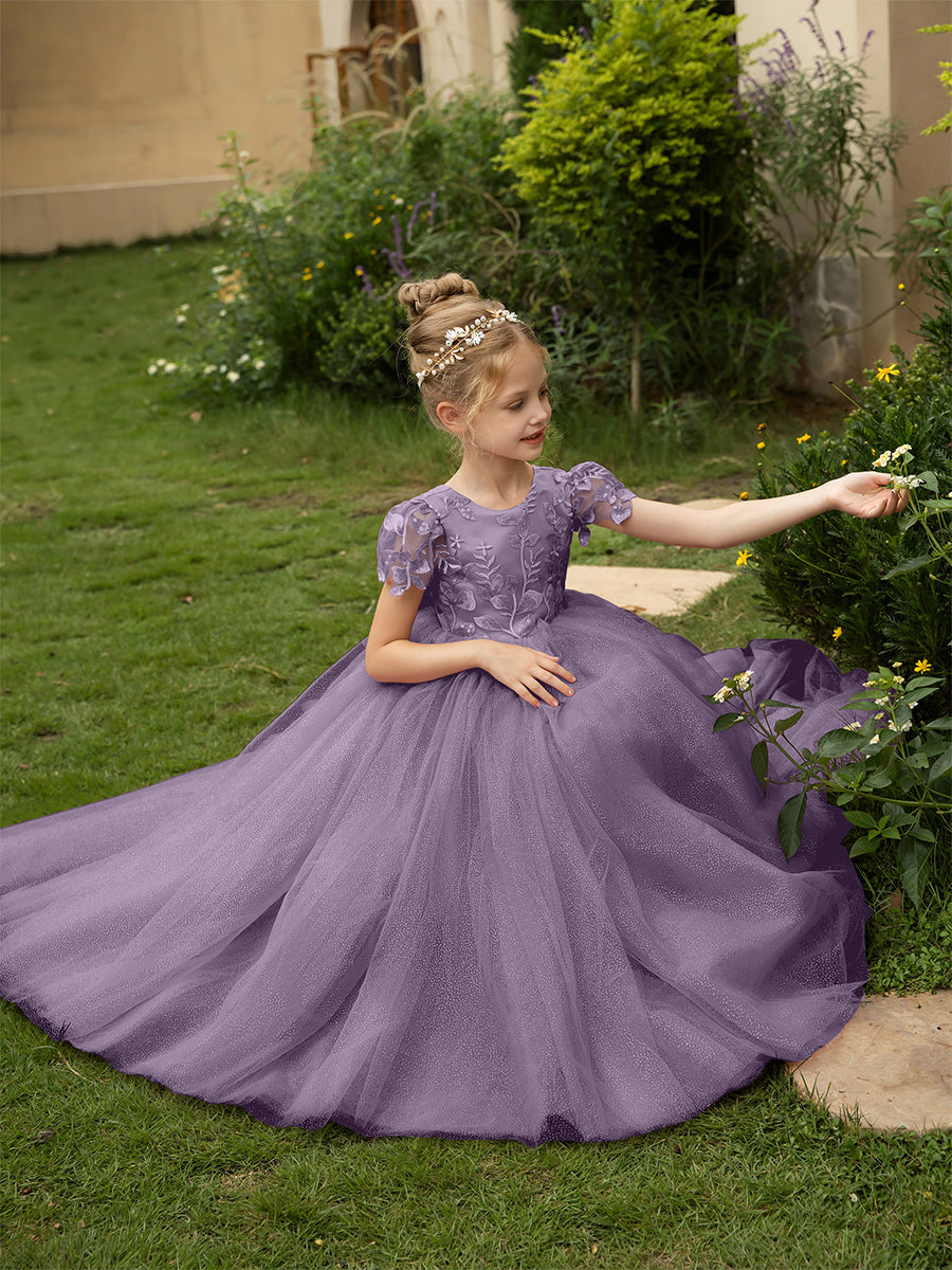Crew Neck Tulle Flower Girl Dresses with Applique &amp; Satin Bowknot